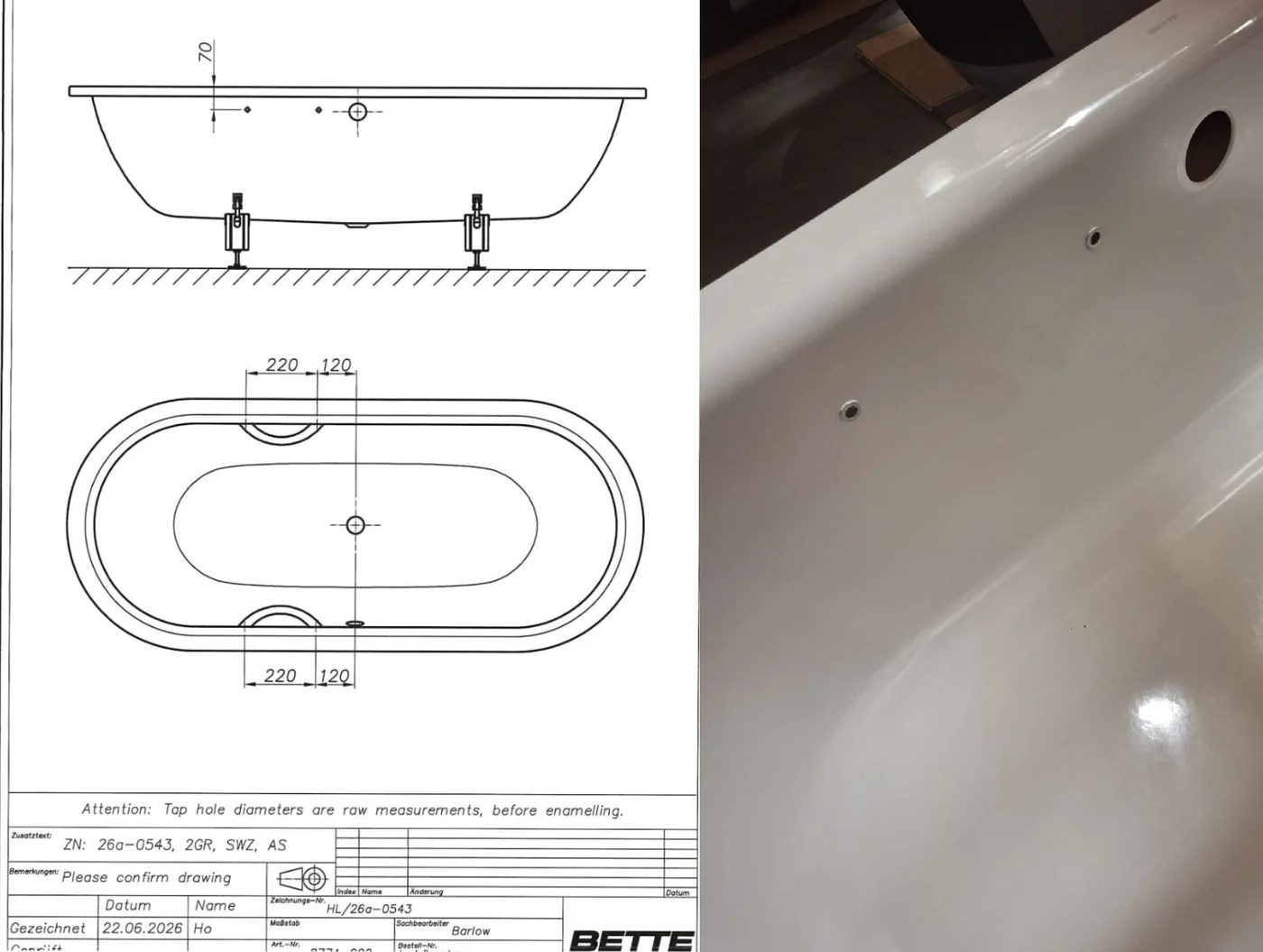 Grips drilling on Bette titanium steel bath